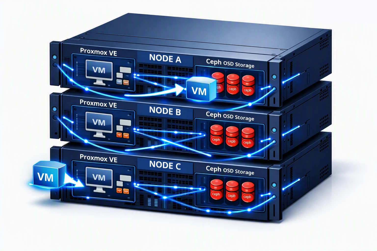 Diagramma isometrico di un cluster iperconvergente a 3 nodi