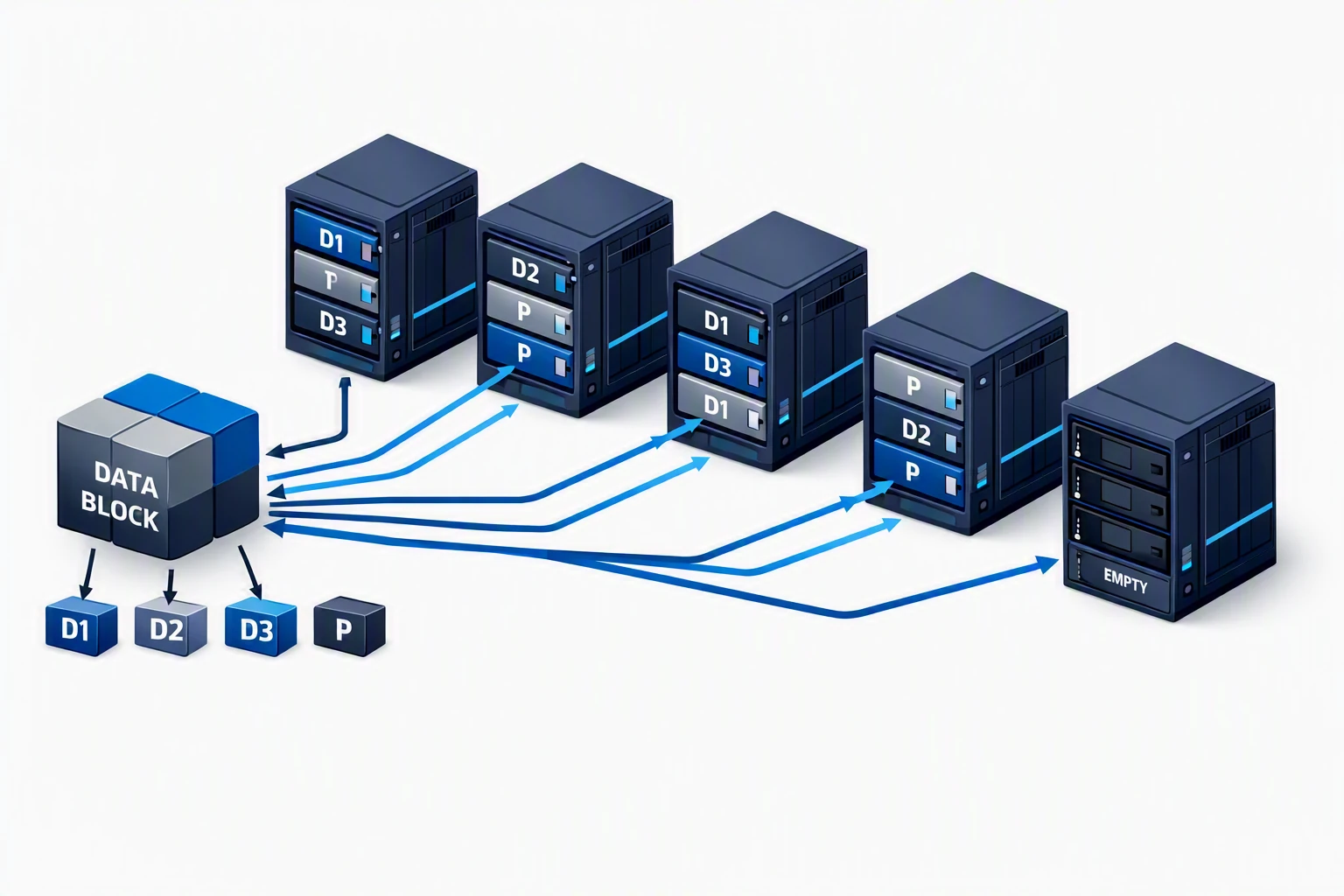 Illustrazione tecnica di RAID 5 distribuito su cluster Ceph